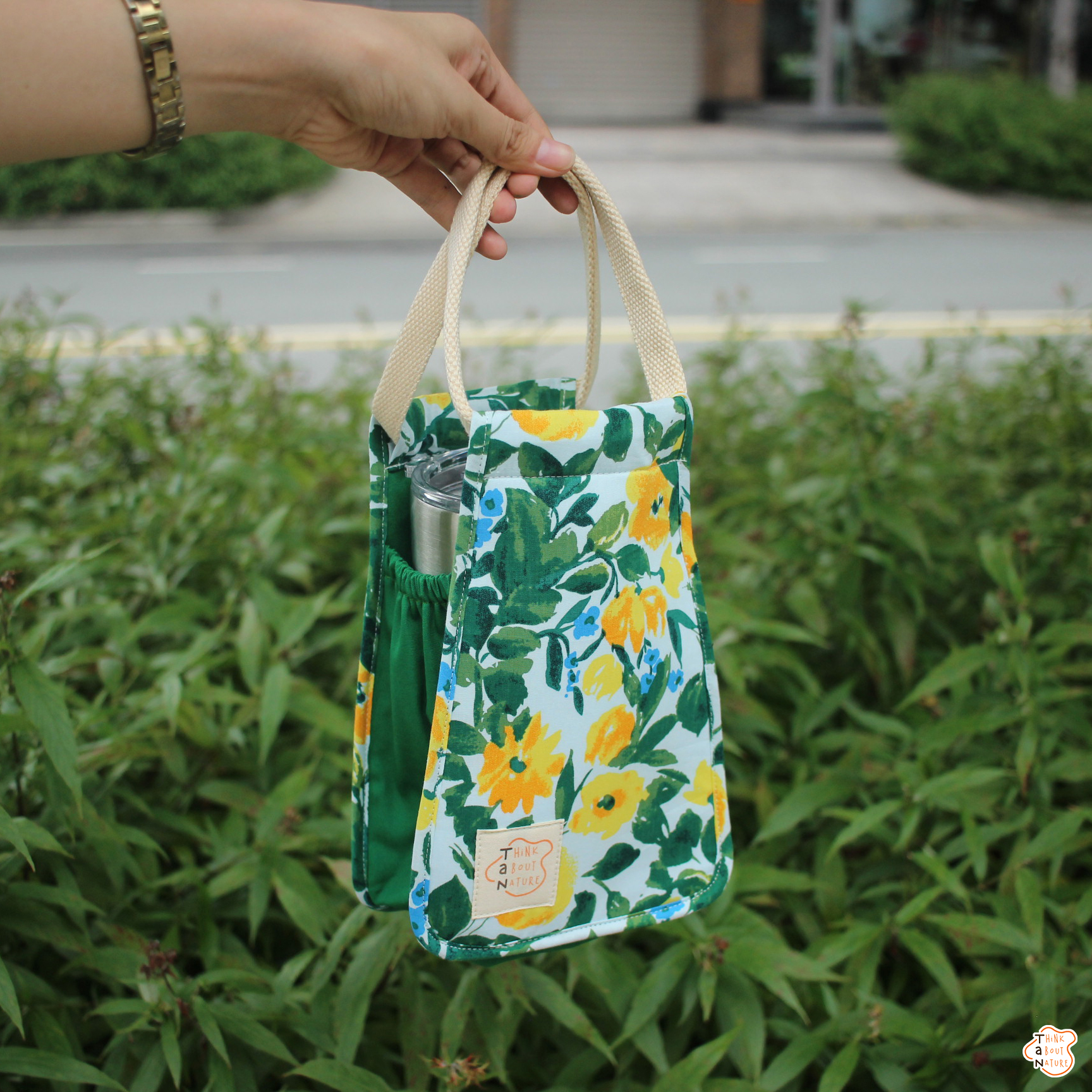 Túi vải đựng bình nước bình giữ nhiệt ly giữ nhiệt họa tiết Hoa vàng lá xanh Green Floral / Túi xách nữ