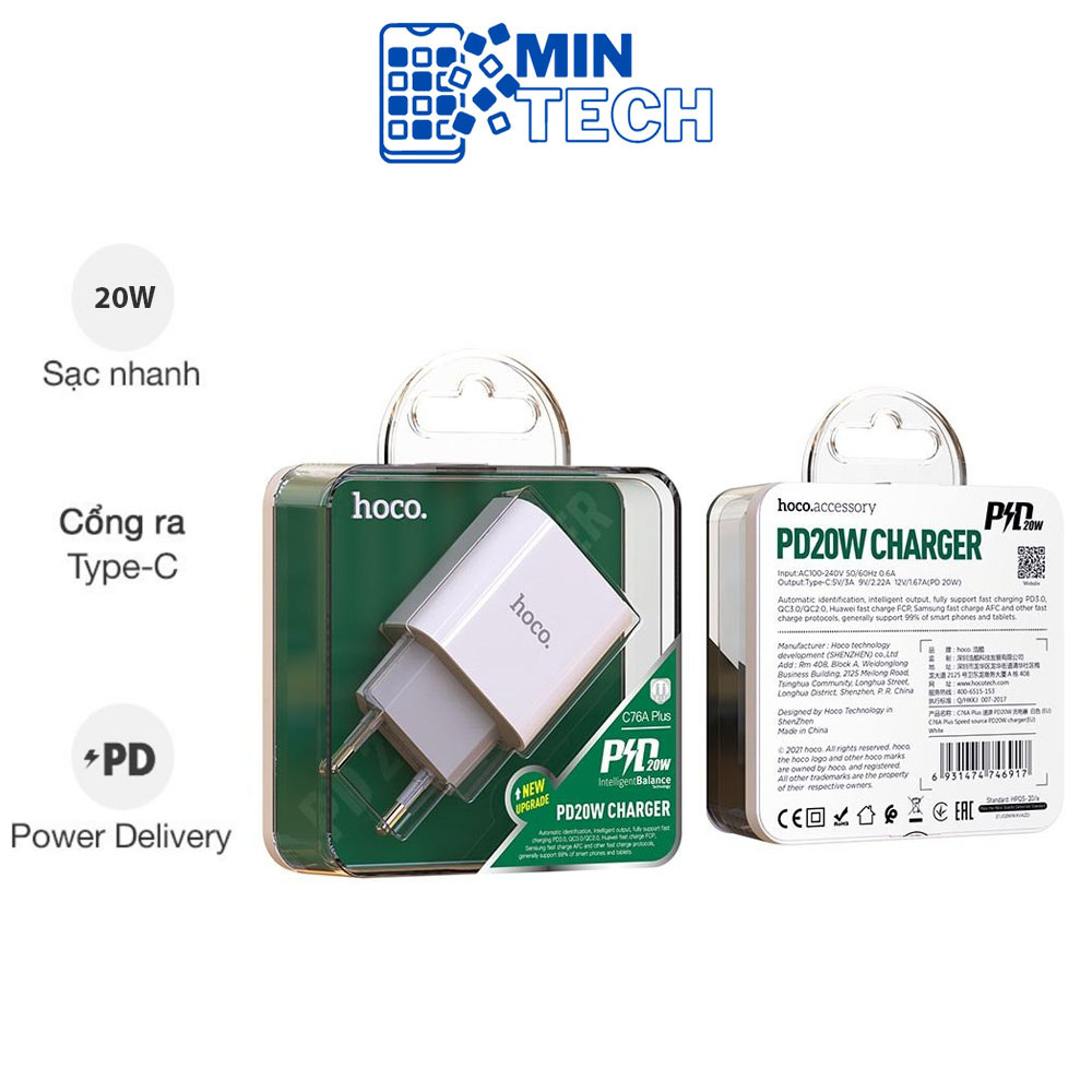 Củ/cốc sạc nhanh hoco c76a plus 1 cổng type-c hỗ trợ sạc nhanh 3a, pd 20w, sạc nhanh ip, ổ sạc type c