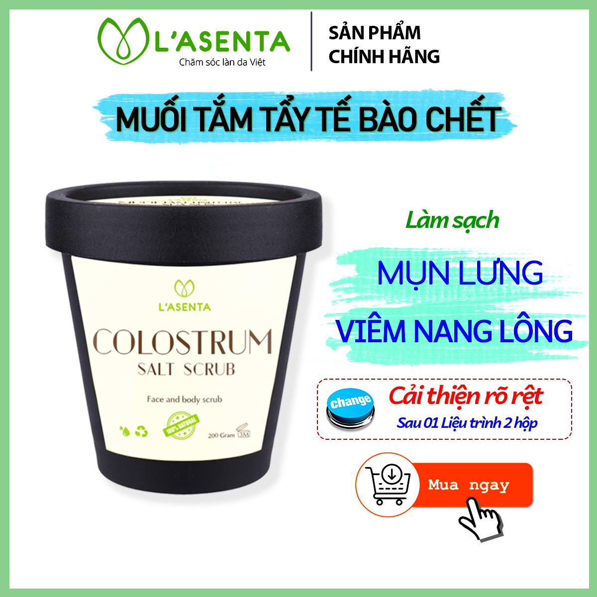 Muối Tắm Tẩy Tế Bào Chết Body, Mụn Lưng, Viêm Nang Lông -  Muối tắm Sữa Non Lasenta 200gr