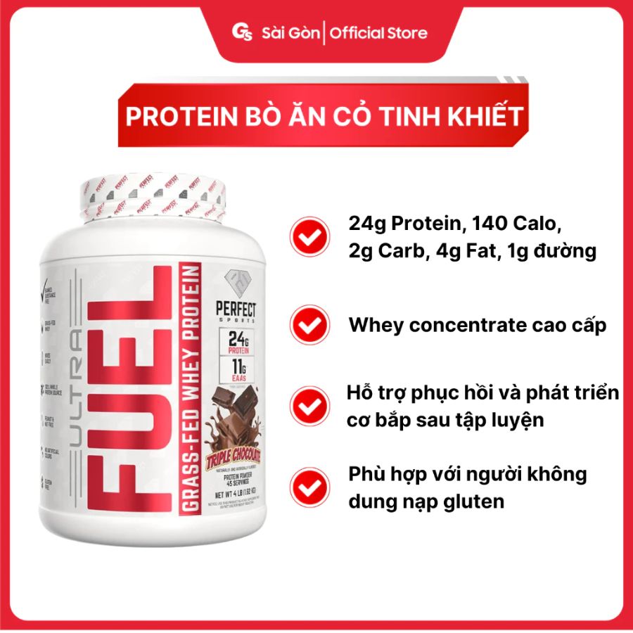 Bột hỗ trợ tập gym Perfect Sport Ultra Fuel Grass-Fed Whey Protein, protein tinh khiết - Gymstore