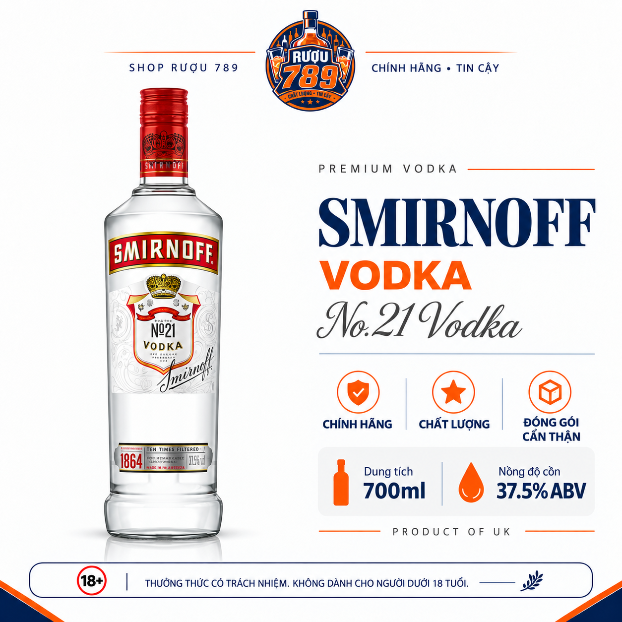 Rượu Vodka Smirnoff No.21 700ml – 37.5% | Anh | Chính hãng | Rượu 789