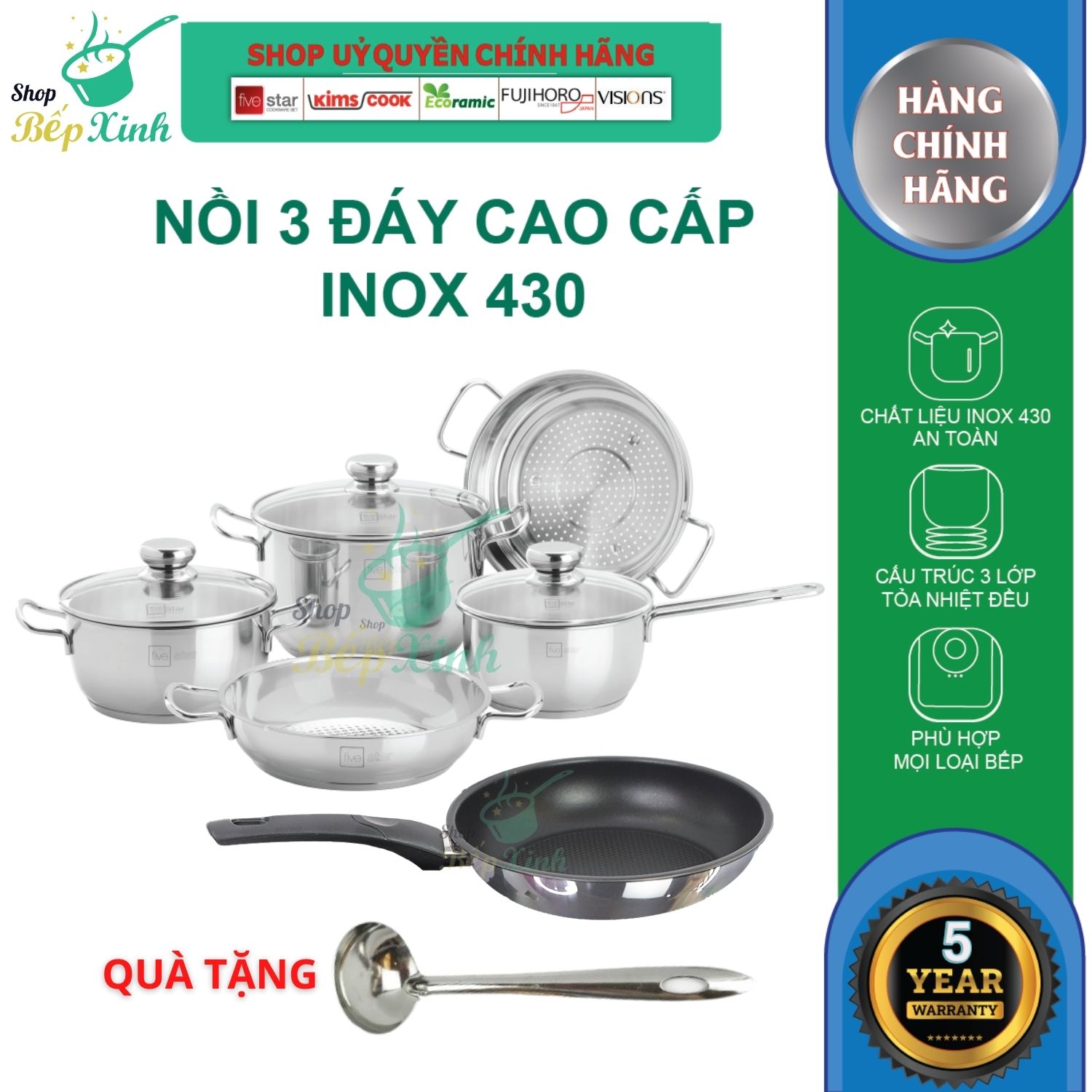 Bộ nồi chảo chống dính inox 430 cao cấp Fivestar Standard 6 chiếc , 3 đáy dùng được mọi bếp , tặng 1 vá canh ( quánh 18cm , nồi 20cm , bộ nồi xửng 24cm , chảo chiên 22cm , chảo caro 24cm ) - Shop Bếp Xinh