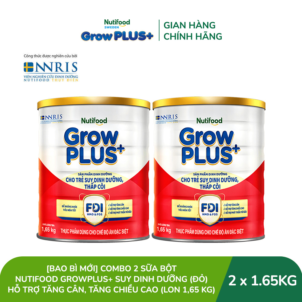 [BAO BÌ MỚI] Combo 2 sữa bột Nutifood GrowPLUS+ Suy Dinh Dưỡng (Đỏ) 1+  - Hỗ trợ tăng cân, tăng chiều cao (Lon 1,65 Kg)