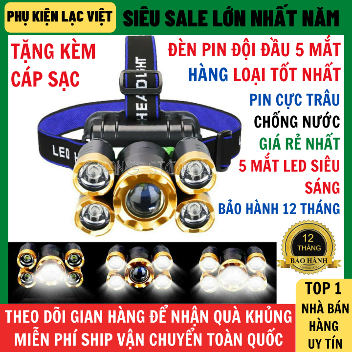 Đèn Pin Siêu Sáng Đội Đầu 5 Mắt Led Loại Mới Bóng To Sáng Hơn, Chống Nước Chống Va Đập Chất Liệu Bền Bỉ, den pin sieu sang, đèn pin, đèn pin siêu sáng, den pin, Đèn led siêu sáng