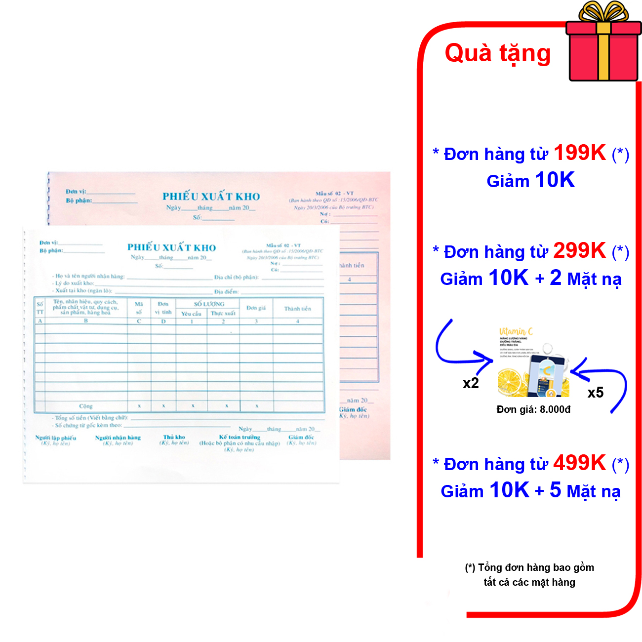 10 cuốn phiếu xuất kho 2 liên 16x20 - 50 bộ (100 tờ)