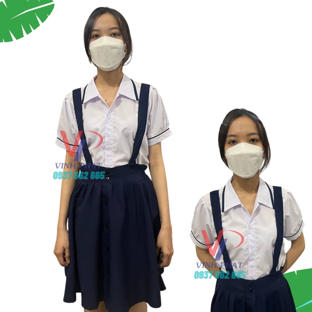 Bộ Đồng Phục Học Sinh Nữ Áo Sơ Mi Kiểu Viền Và Chân Váy Xòe Xanh Đen 2 Dây Mẫu Đẹp Chất Lượng - Hình thật