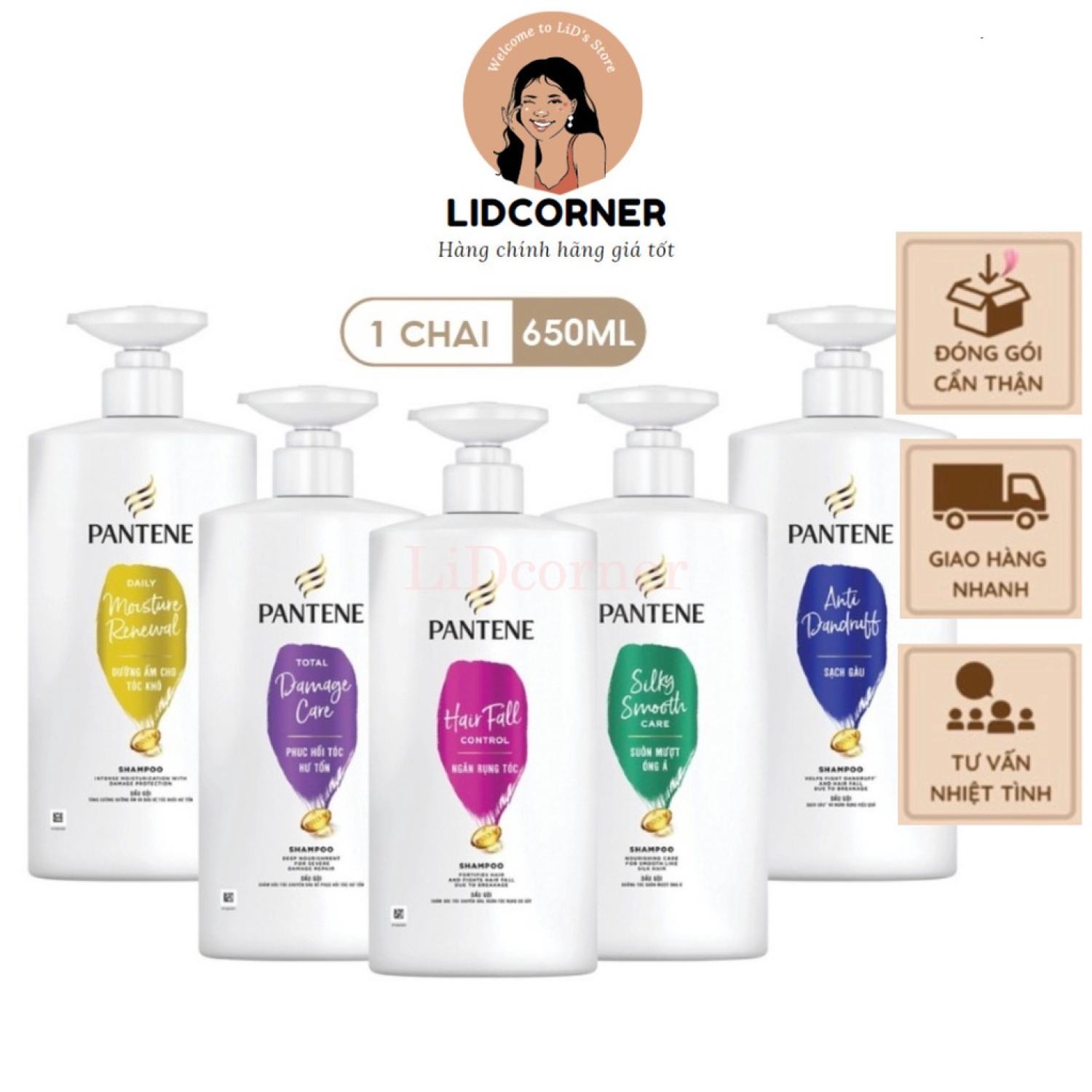 Dầu gội pantene 650ml ngăn rụng tóc / mượt mà óng ả/ phục hồi hư tổn/ giảm gàu/ dưỡng ẩm