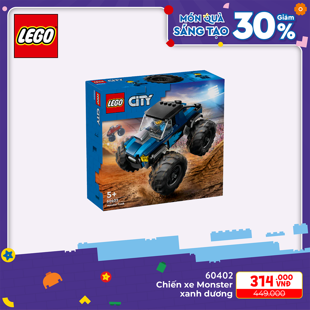 Lego city 60402 đồ chơi lắp ráp chiến xe monster xanh dương