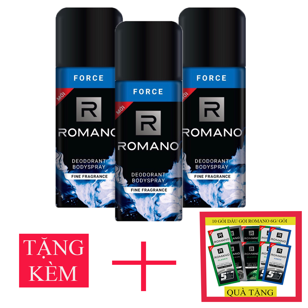 Bộ 3 chai xịt khử mùi toàn thân Romano Force 150ml/chai +Tặng 10 gói dầu gội Romano