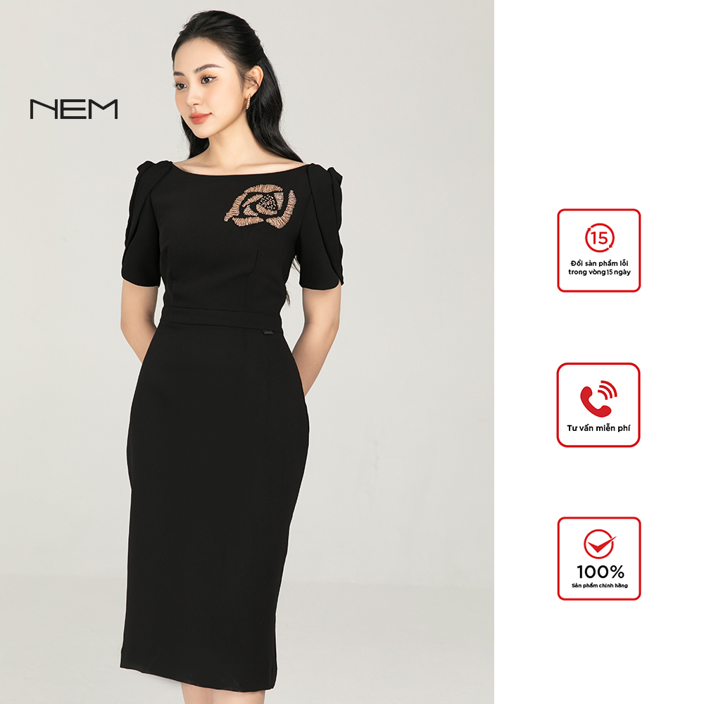Đầm đen phối hoa nem fashion d18192
