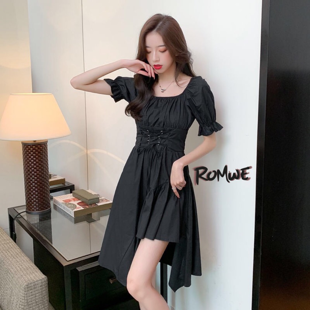 Váy suông nữ lệch tầng cổ vuông dáng dài buộc eo trắng đen romwe