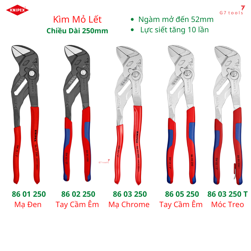 Kìm mỏ lết knipex chiều dài 250mm mở 52mm 86 01 250/ 86 02 250/ 86 03 250/ 86 05 250/ 86 05 250 t và 86 06 250 cách điện 1000 volt