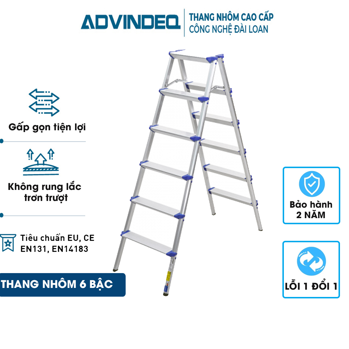 Thang nhôm gấp 4-5-6 bậc cao 1M- 1.46M nhập khẩu ADVINDEQ, thang ghế chữ A xếp gọn đa năng chính hãng- CHÍNH HÃNG BẢO HÀNH 2 NĂM