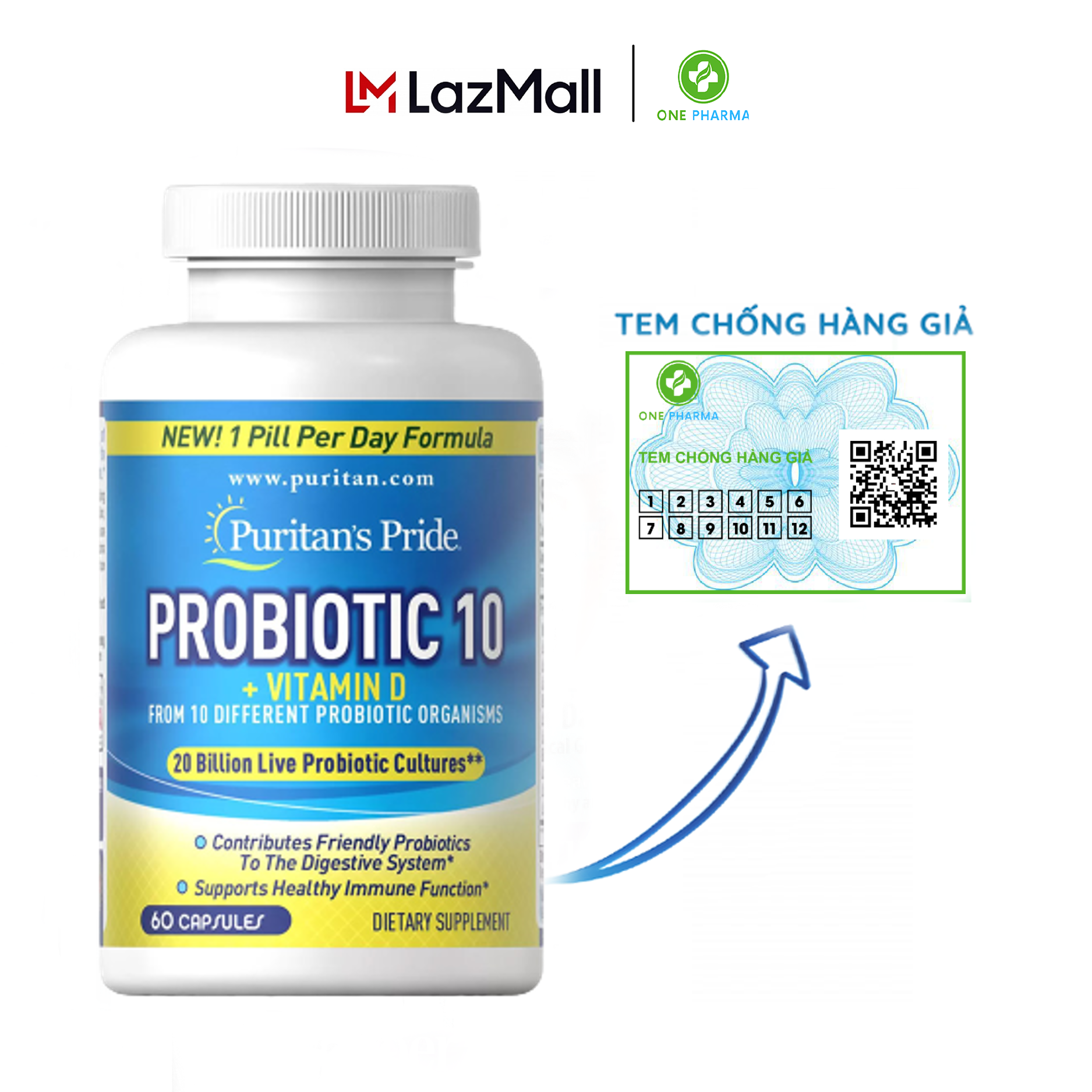 Viên uống lợi khuẩn Puritan s Pride Probiotic 10 with Vitamin D 60 viên