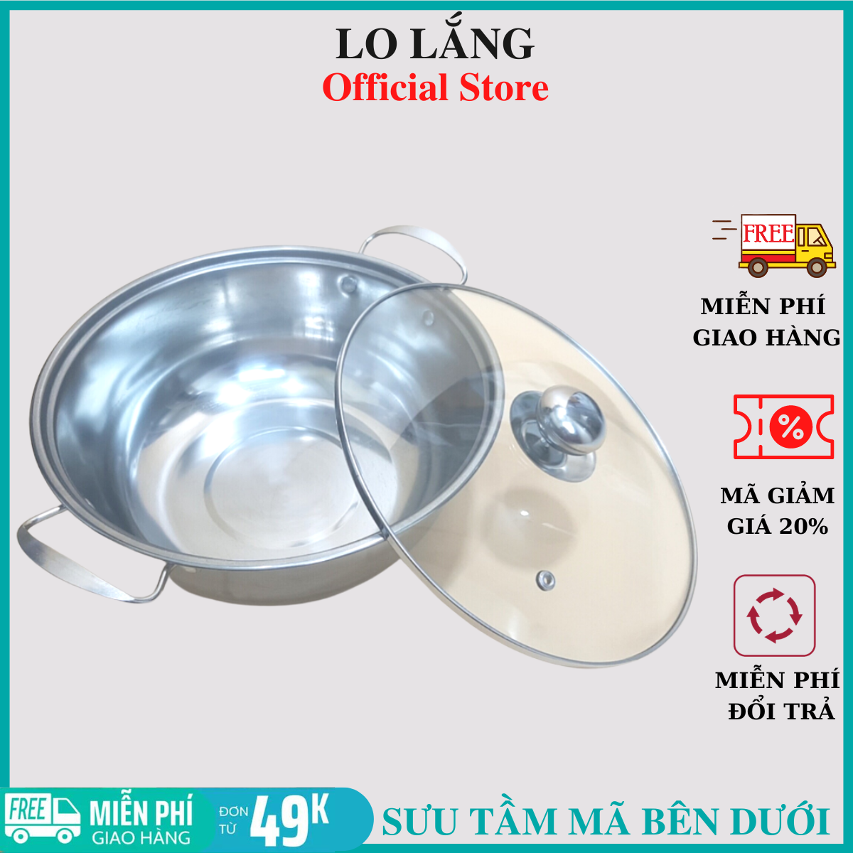 Nồi lẩu inox dày 26cm có nắp kính và tay cầm chống nóng cao cấp dùng được bếp từ và mọi loại bếp