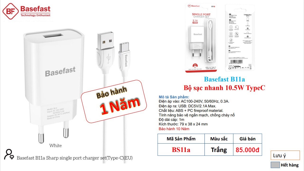 Bộ sạc sam sung Huawei Xiaomi chân to chân typeC Basefast B11a Bộ sạc nhanh 10.5W TypeC