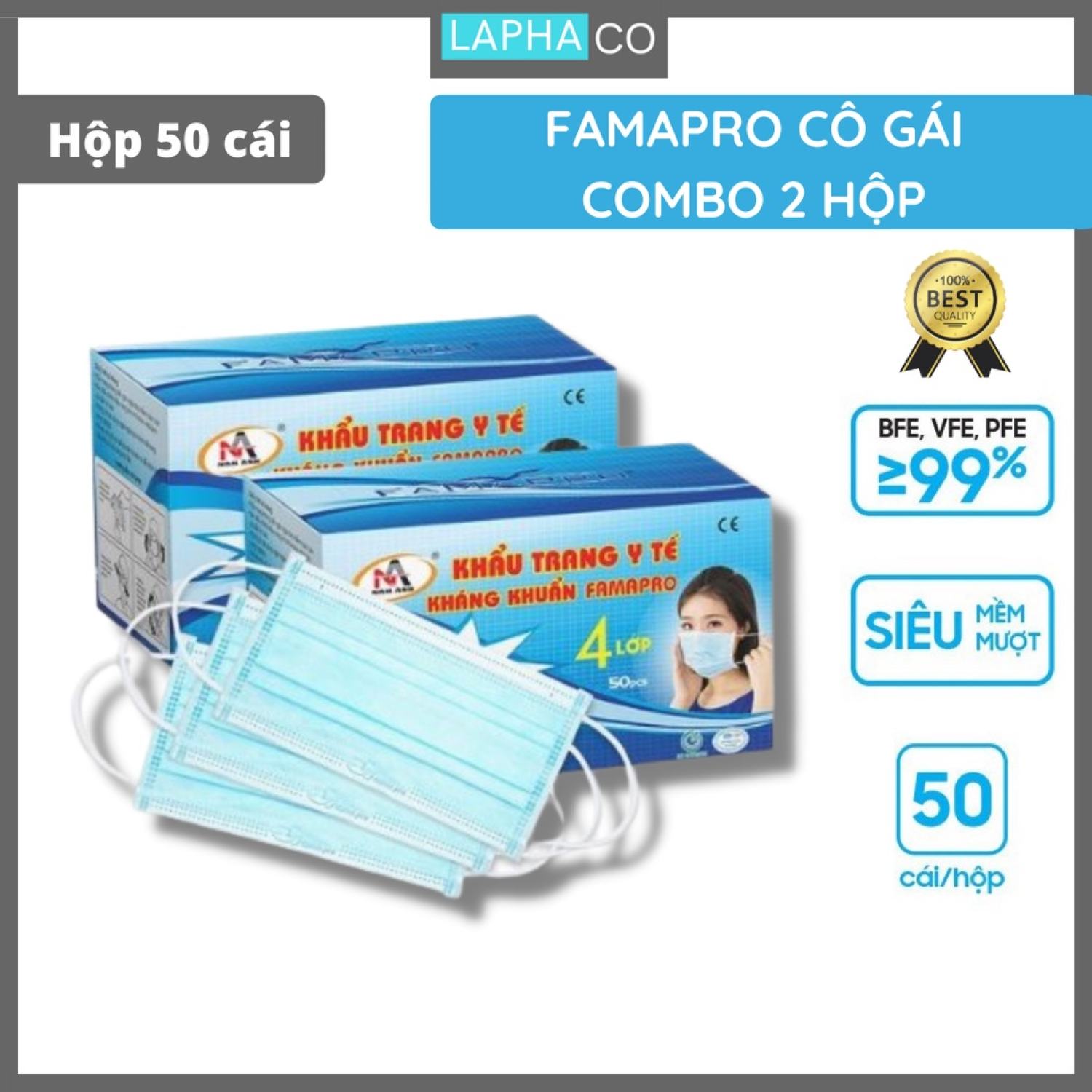 Combo 2 hộp khẩu trang y tế Famapro Cô gái 4 lớp kháng khuẩn (50 cái/ hộp)