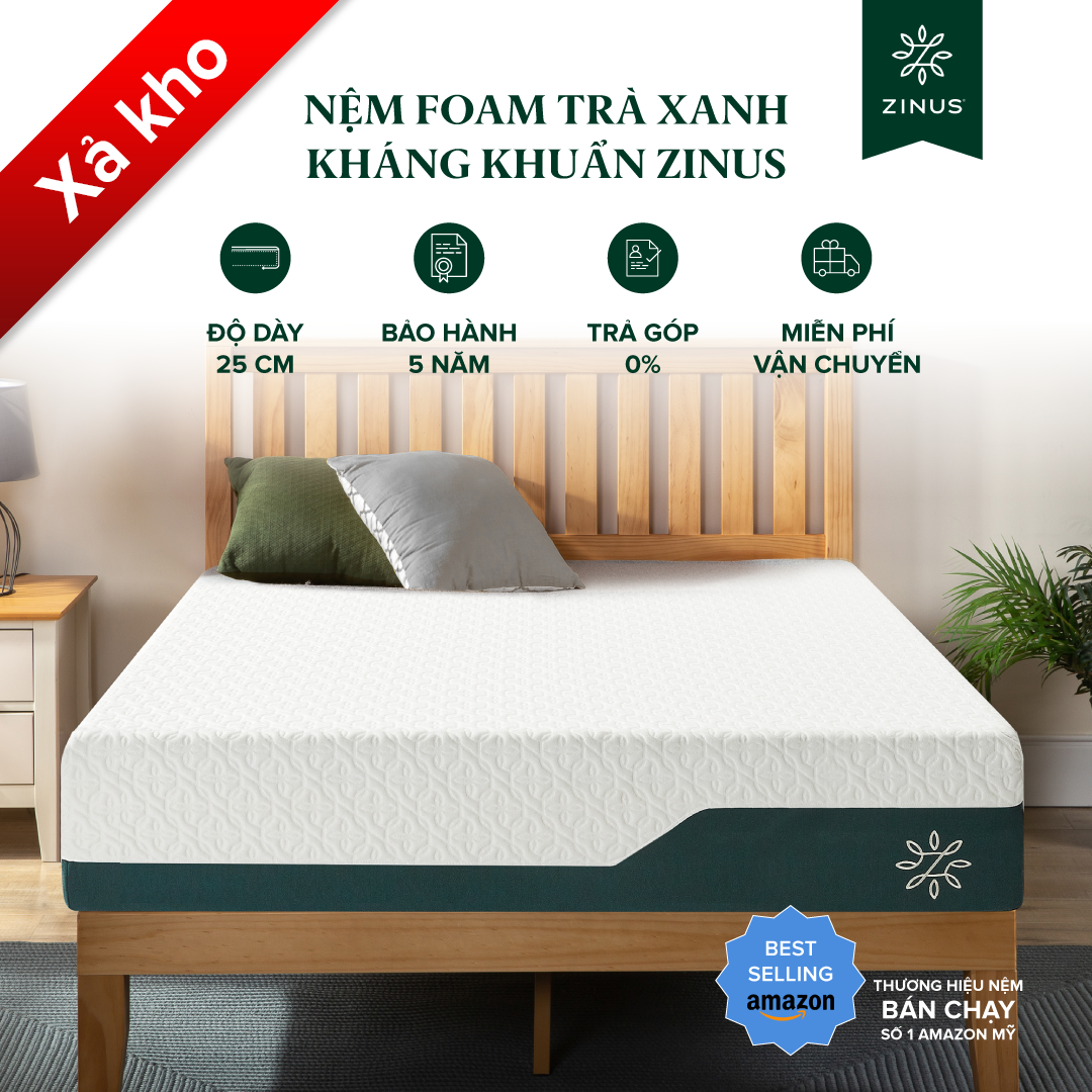 Nệm foam cao su non tinh chất trà xanh cao cấp dày 25cm zinus - 10in cooling gel memory foam mattress