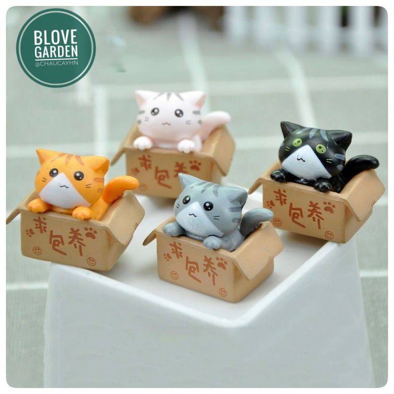 Tiểu cảnh trang trí - Mèo trong hộp làm phụ kiện trang trí sen đá, xương rồng, bonsai, terrarium, cây cảnh mini, cây để bàn