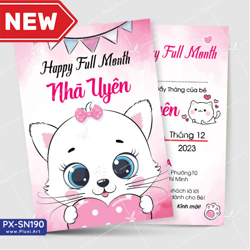 Thiệp sinh nhật - Thiệp đầy tháng bé gái tuổi mèo , in nội dung theo yêu cầu , Thiệp Pluxi PX_SN160