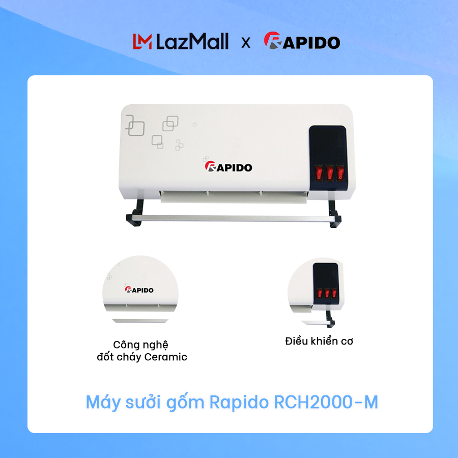 Máy sưởi gốm Rapido RCH2000-M công suất 2000W làm ấm thông minh điều khiển từ xa an toàn khi sử dụng