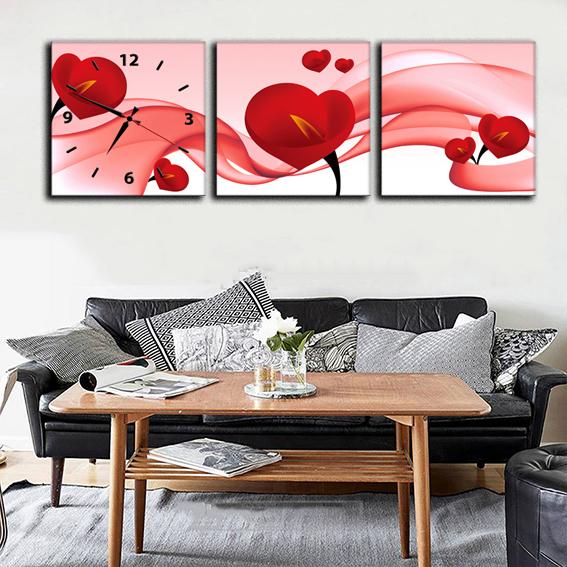 Đồng hồ trang trí hoa đỏ tình nồng, tranh đồng hồ bộ ghép 3 tấm treo tường phòng khách HH00162-DH