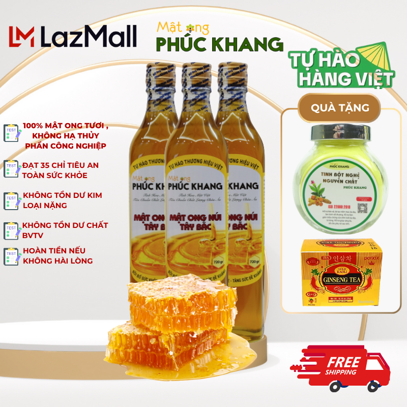 Combo 3 Chai Mật Ong Rừng Tây Bắc Phúc Khang 720g Hữu Cơ Nguyên Chất Thiên Nhiên Bổ Dưỡng Xuất Xứ Việt Nam Hàng Chính Hãng Thu Hoạch 2025