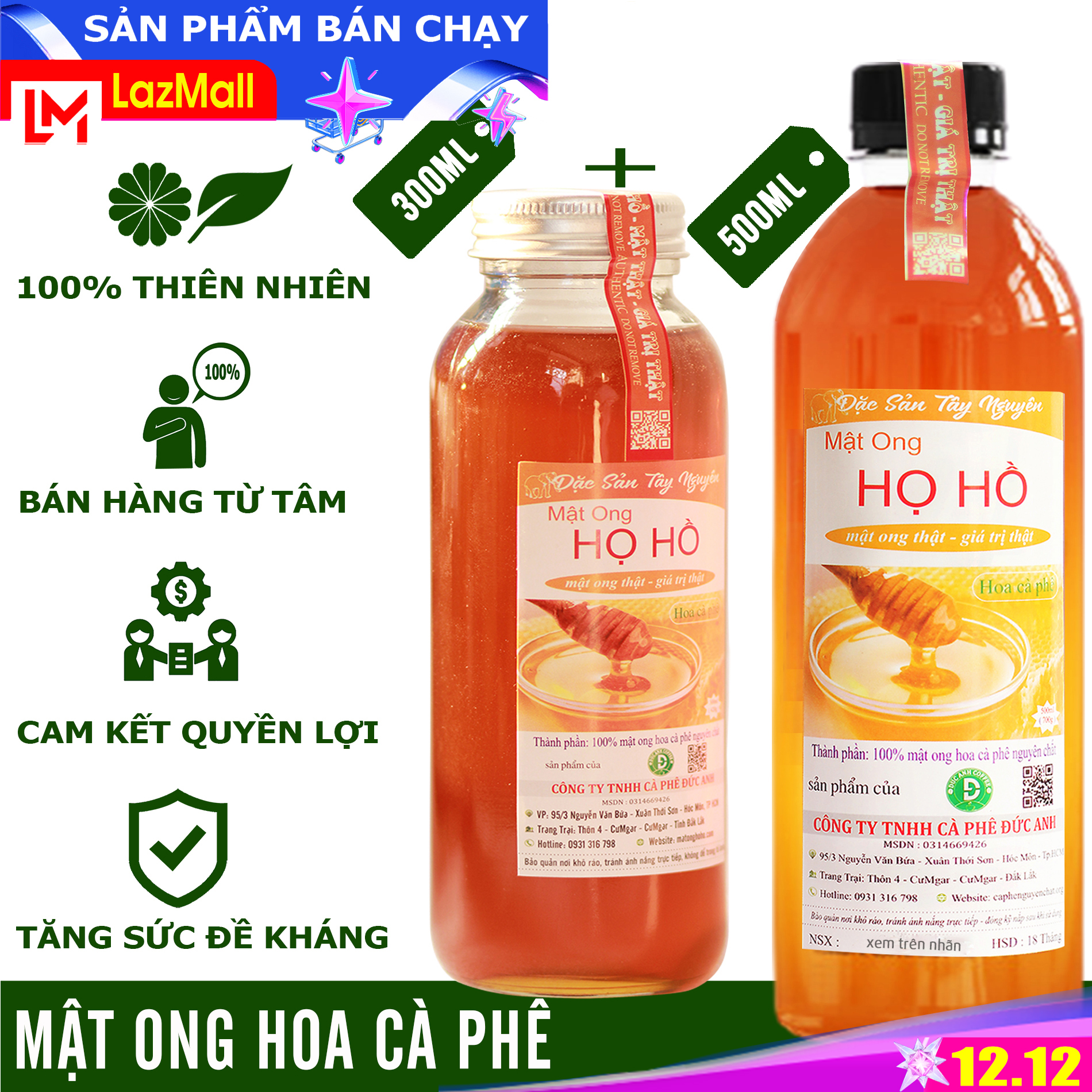 Combo mật ong hoa cà phê chai thủy tinh 300ml và chai nhựa 500ml - Mật ong Họ Hồ - mật thật giá trị thật