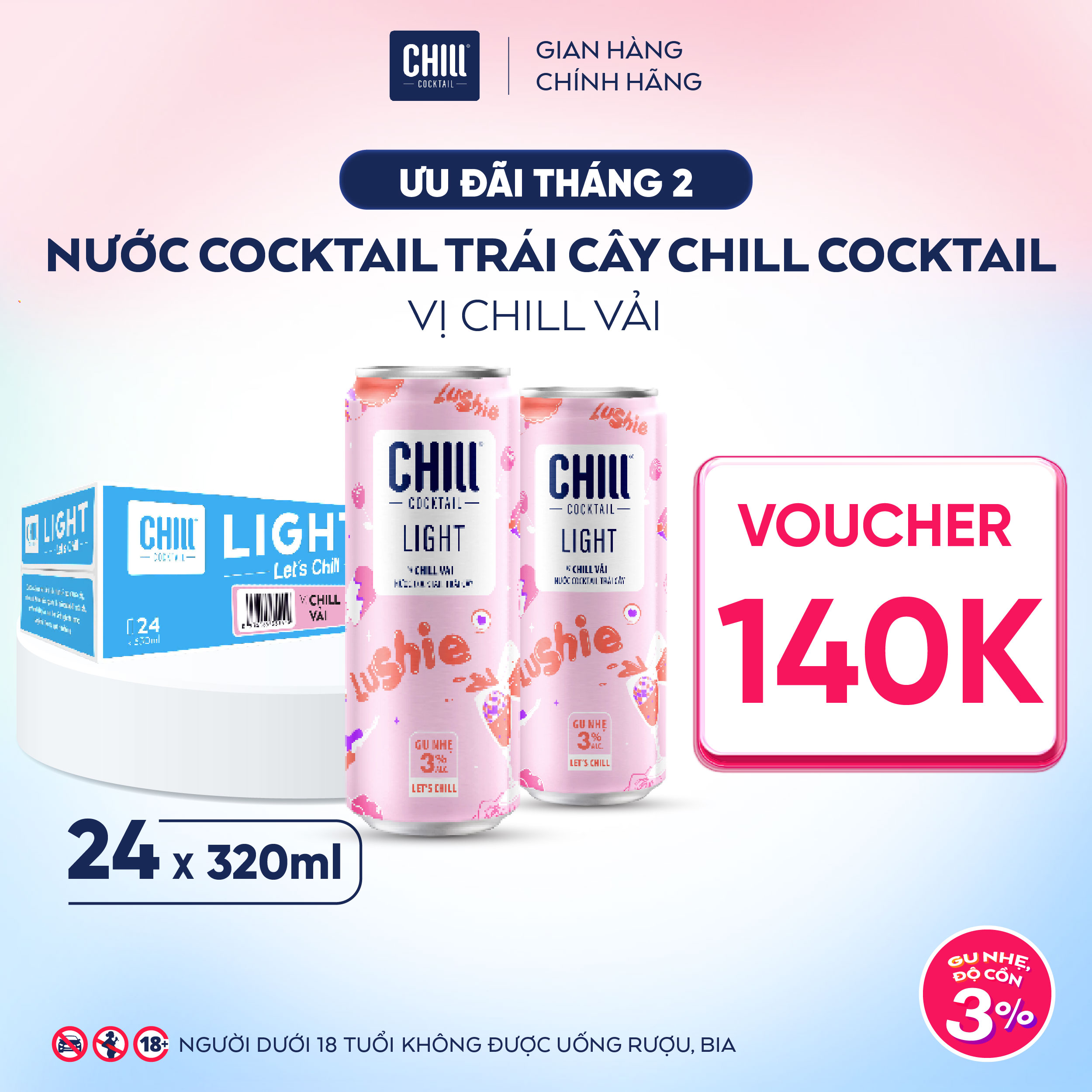 Thùng 24 lon Chill Cocktail vị Vải Hoa Hồng 320ml/lon (độ cồn 3%)