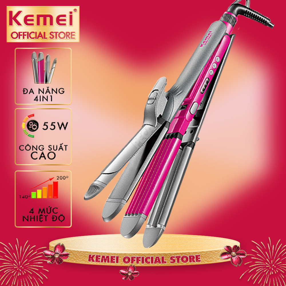  Máy làm tóc đa năng 4in1 Kemei KM-1397 điều chỉnh 4 mức nhiệt độ có thể duỗi tóc uốn xoăn bấm xù uốn sóng hippie - Hàng chính hãng 