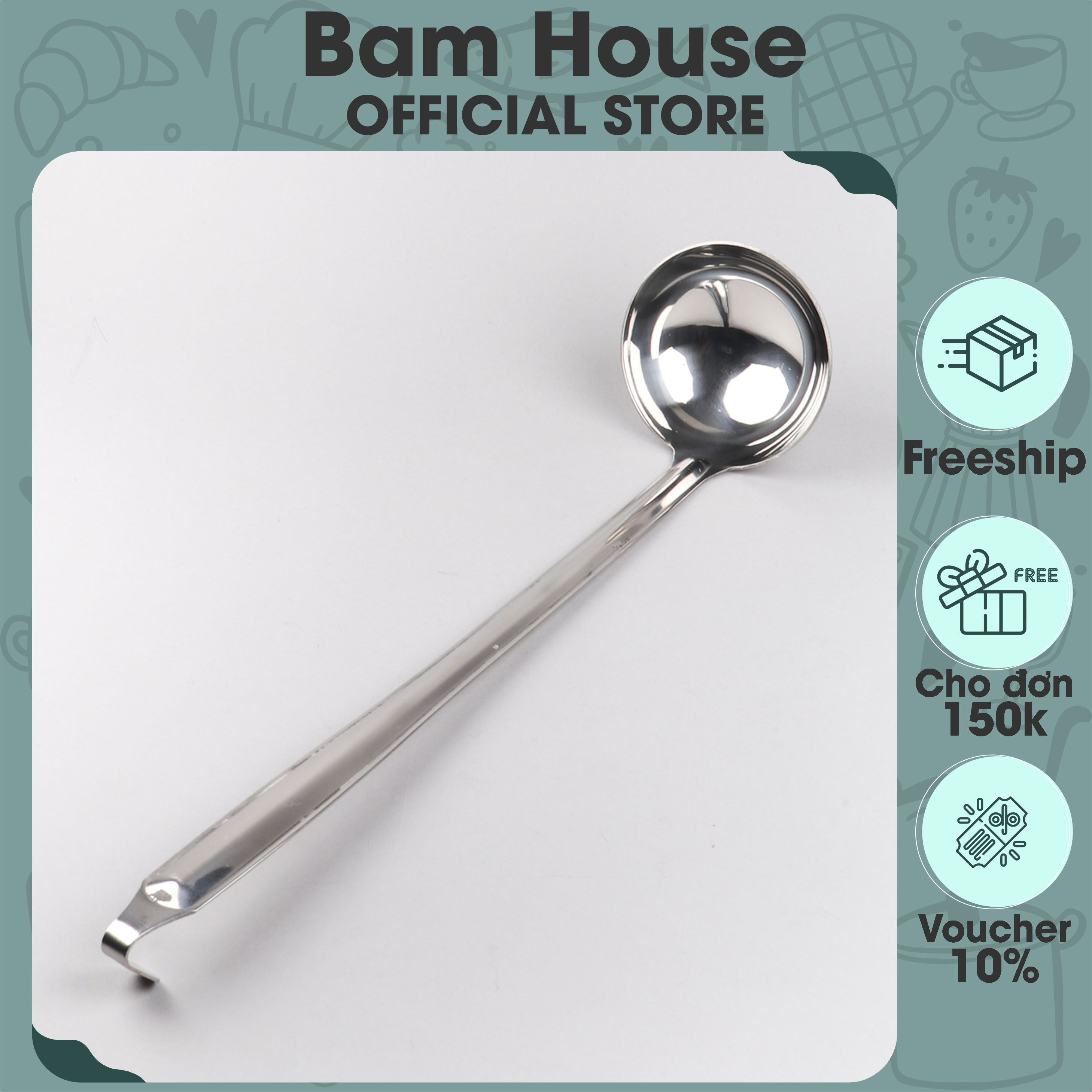 Vá múc nước lèo loại lớn inox 304 Bam House có móc treo tiện lợi cao cấp NL01 – Bam House