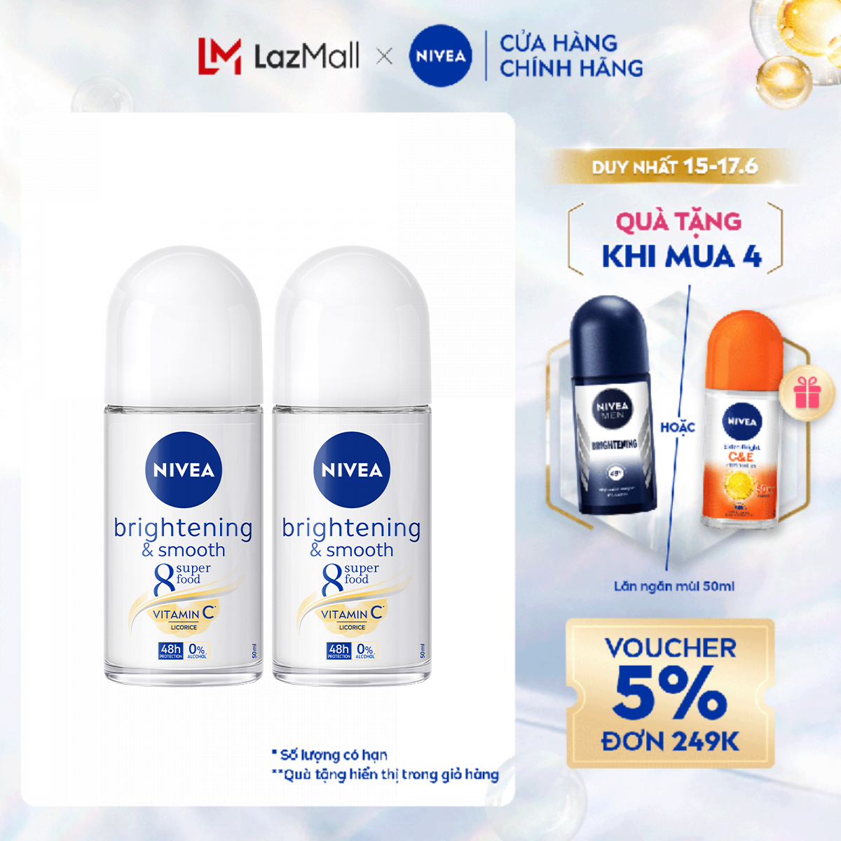 Chỉ 15.6 Mua 4 combo tặng 1 lăn C&E 50mlBộ 2 Lăn Ngăn Mùi NIVEA Brightening & Smooth Dưỡng Trắng Se Khít Lỗ Chân Lông Vitamin C 81644