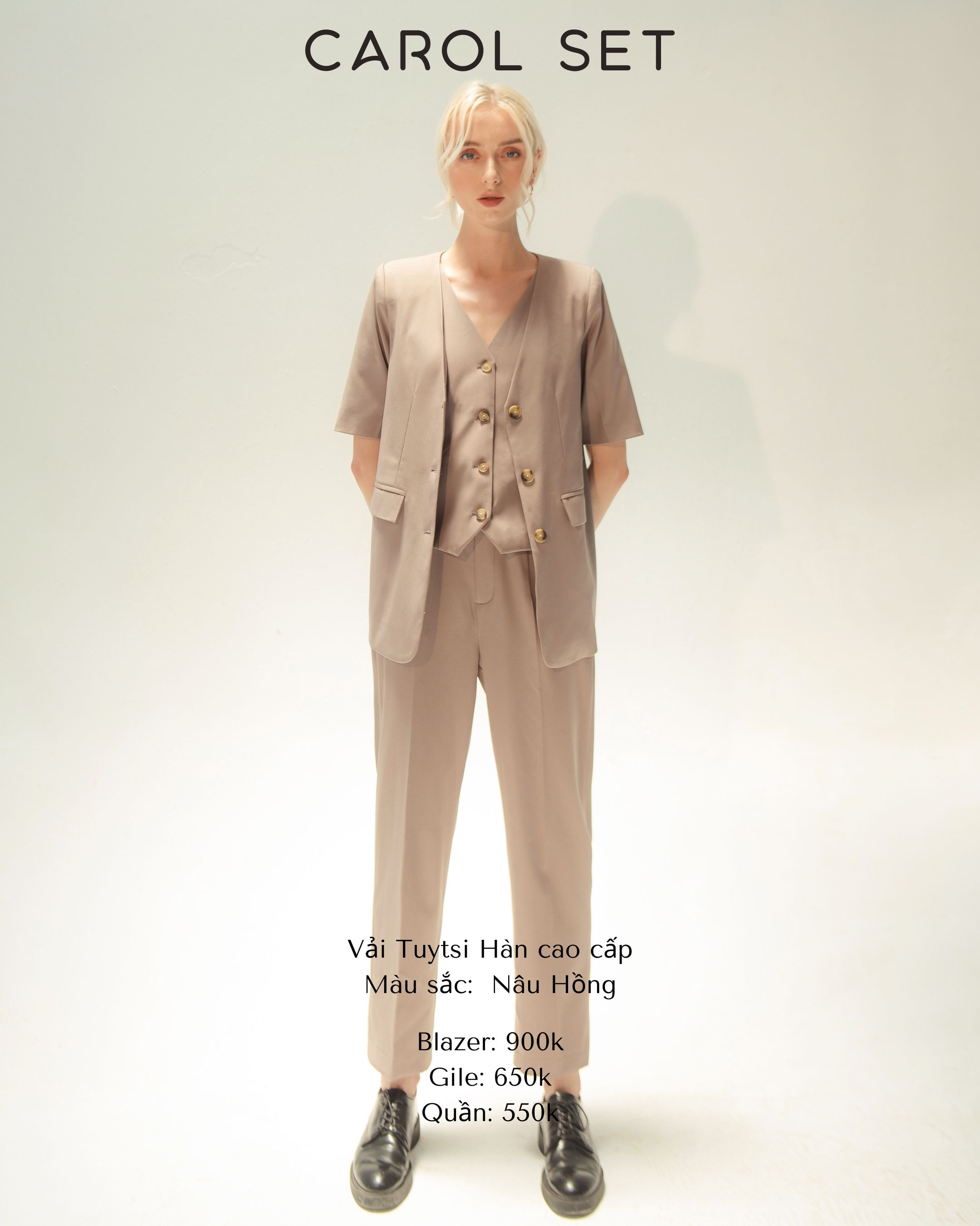 Set áo Blazer nữ 3 khuy cổ V + Gile và quần tây nữ ống đứng ONMIX, nâu hồng, chất liệu vải Tweed cao cấp