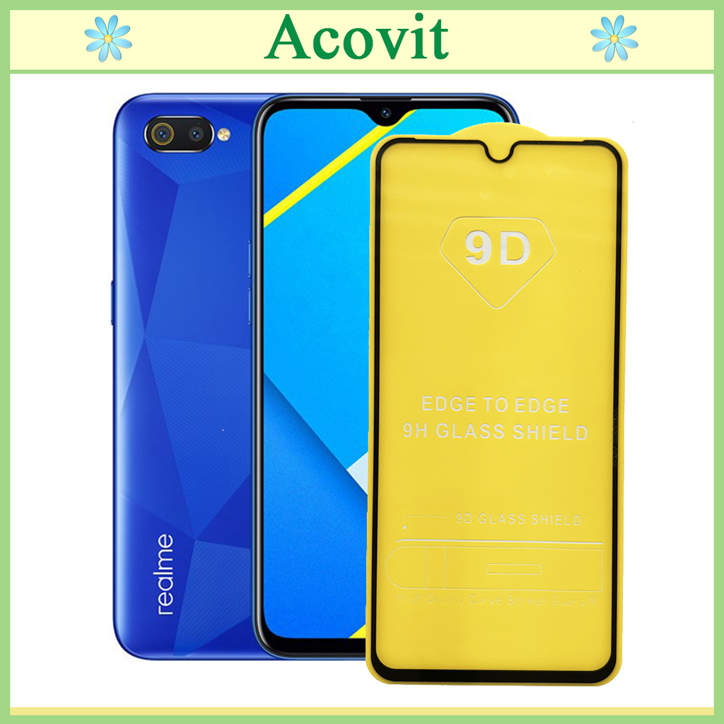 "Kính cường lực 9D Realme C2 " _ FULL Màn Hình _ Độ Cứng 9H _ Anh thật Sản Phẩm _ ( Tặng kèm bộ giấy lau Màn hình) Acovit"