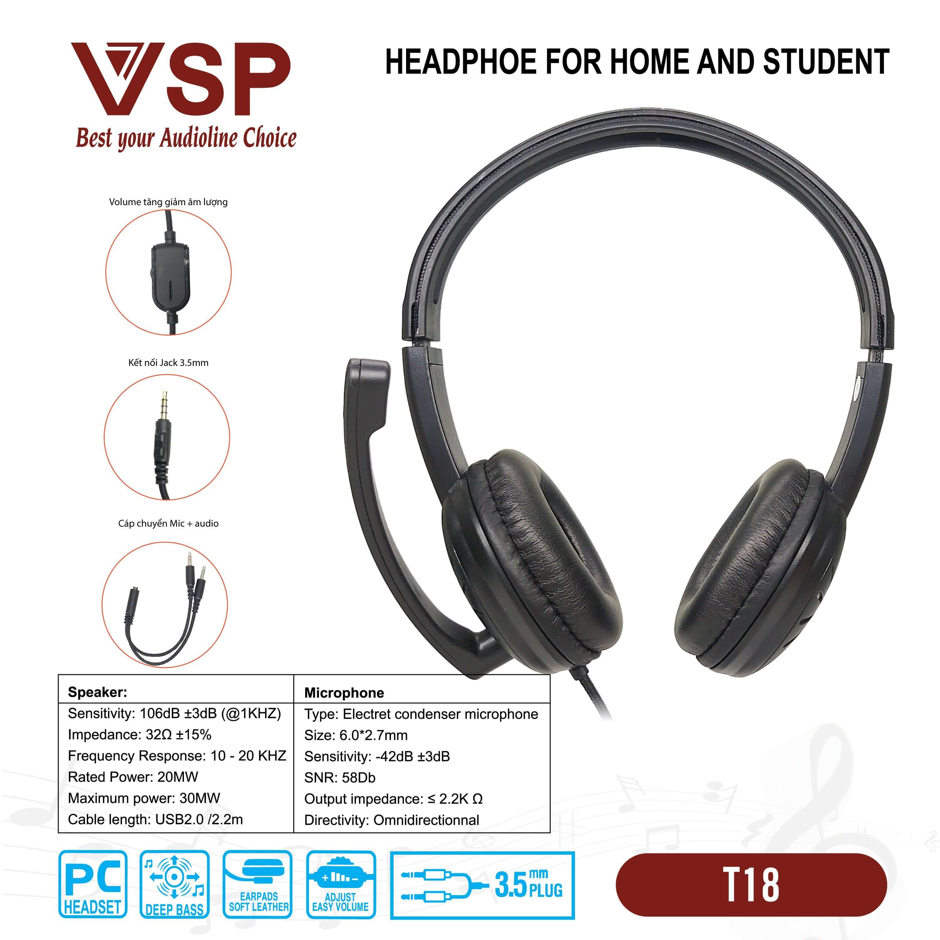 Tai nghe Headphone VSP T18 Box (1 jack 3.5mm TRRS Headset, Kèm cáp gộp audio)