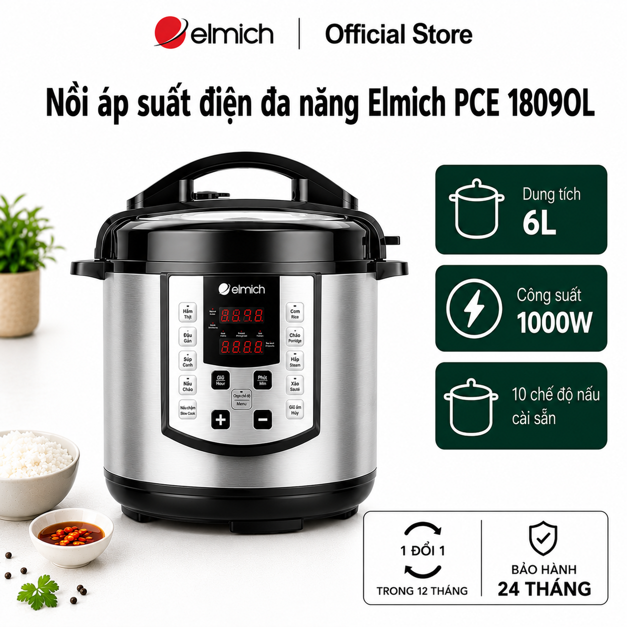 (Chỉ 15-17.07)Nồi áp suất điện đa năng Elmich 6L PCE 1809OL