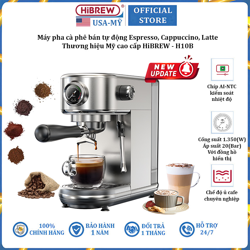 Máy pha cà phê bán tự động Espresso, Cappuccino, Latte thương hiệu Mỹ cao cấp HiBREW H10B - Hàng Nhập Khẩu