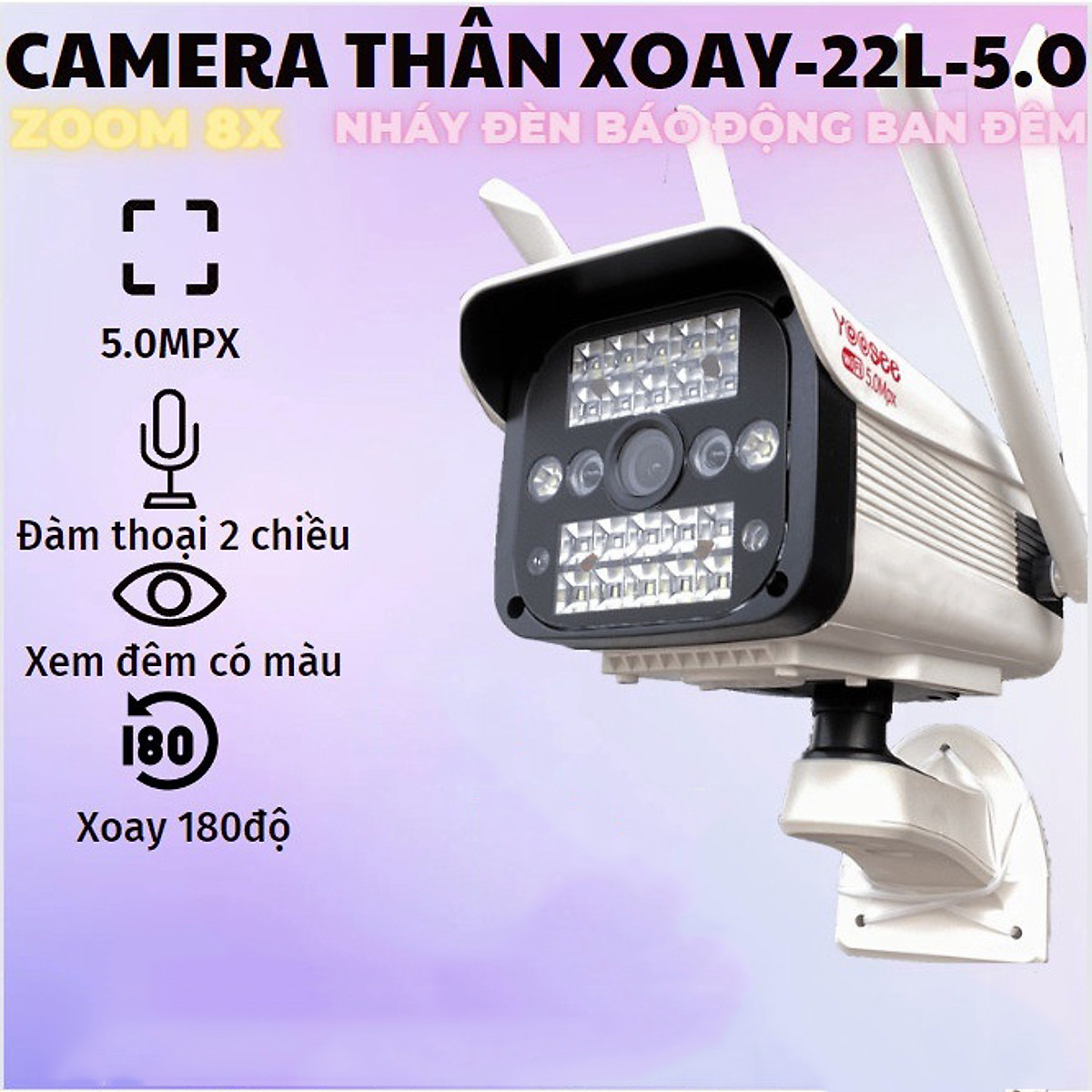 Camera IP WiFi Ngoài Trời YOOSEE YS22 Zoom 8X Độ Phân Giải 5.0Mpx Siêu Nét Chất Liệu Nhựa IP67 Chống Nước Tốt Phát Hiện Chuyển Động Thông Minh Ban Đêm Có Màu Rõ Nét Camera Zoom 8X Hỗ Trợ Thẻ Nhớ Tới 128GB