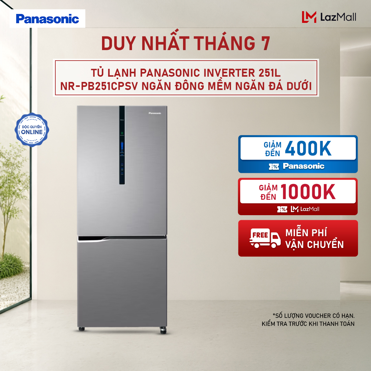 Tủ lạnh Panasonic Inverter 251L NR-PB251CPSV Ngăn đông mềm Ngăn đá dưới