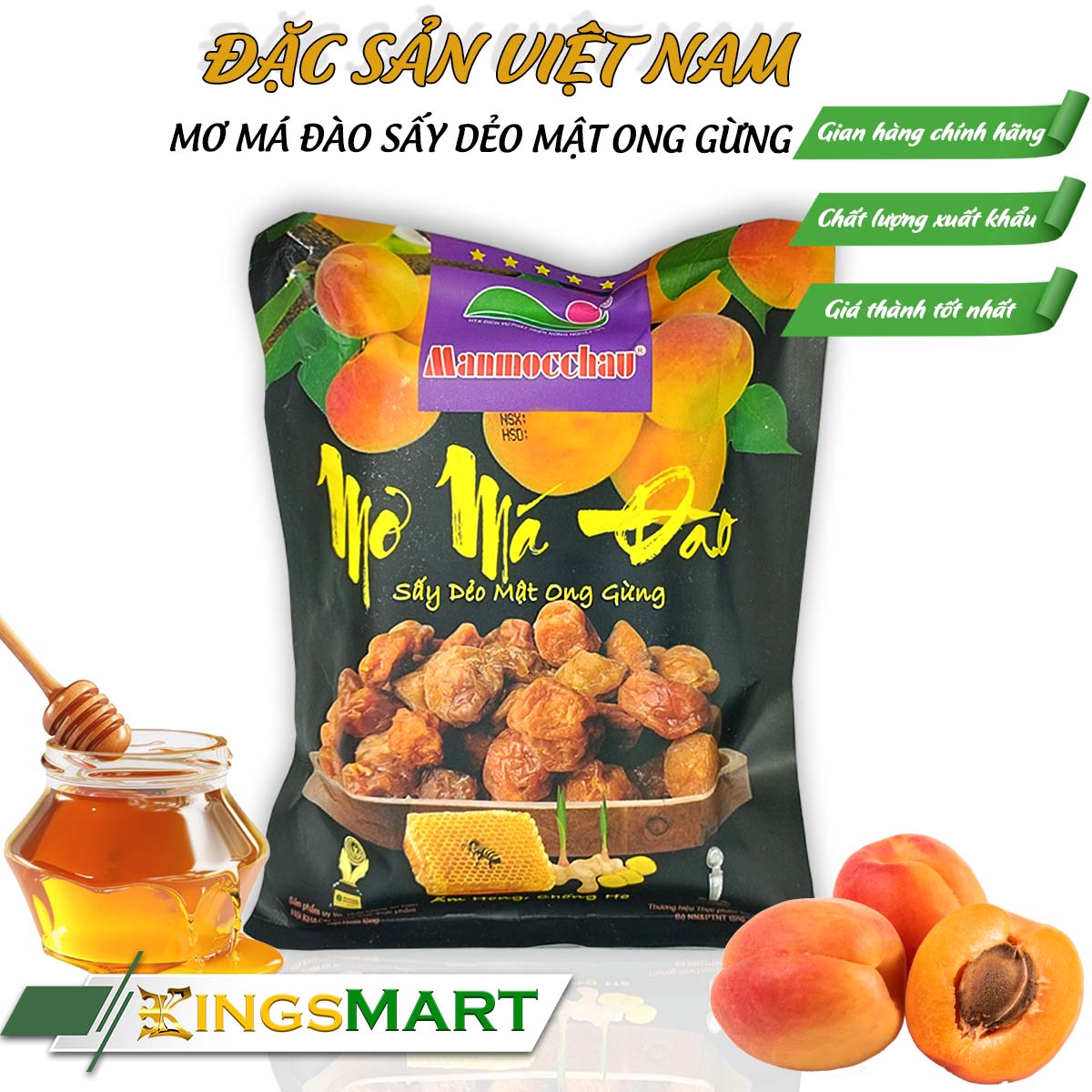 Mơ má đào sấy dẻo mật ong gừng - Thương hiệu MẬN MỘC CHÂU - Đặc sản Sơn La - Túi 180g - Kingsmart