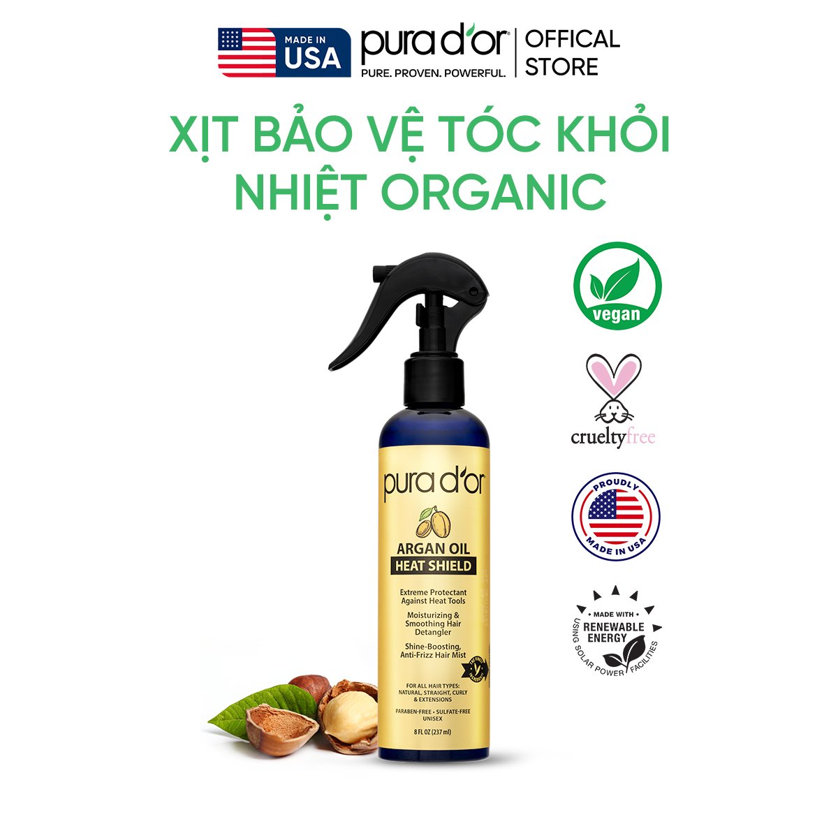 Xịt dưỡng tóc argan oil heat shield 236ml organic - bảo vệ tóc khỏi nhiệt, ngăn rụng tóc, giữ nếp tóc mềm pura dor