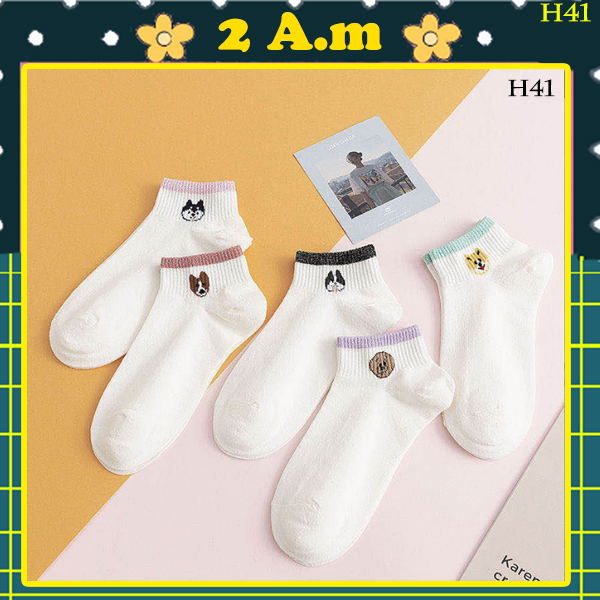 Tất Vớ Nữ Cổ Ngắn Tone Màu Trắng Họa Tiết Pet Siêu Cute Thời Trang Unisex Style Hàn Quốc