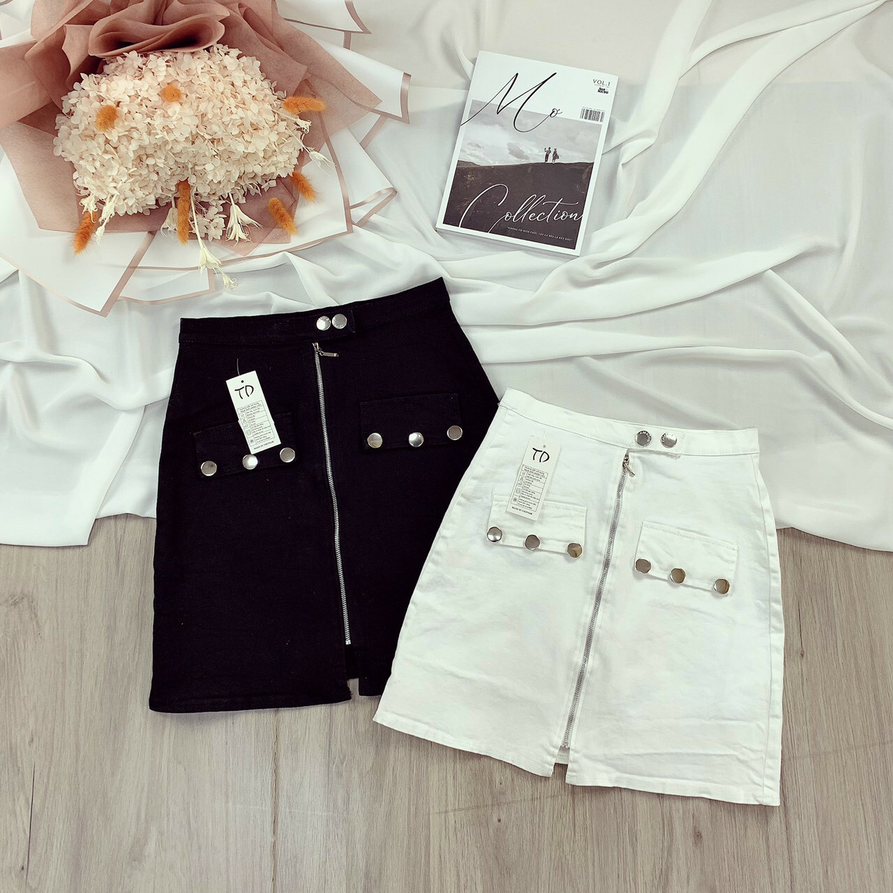 Chân váy kaki nữ chữ A dây kéo giữa túi nút cách điệu cực xinh 6 nút