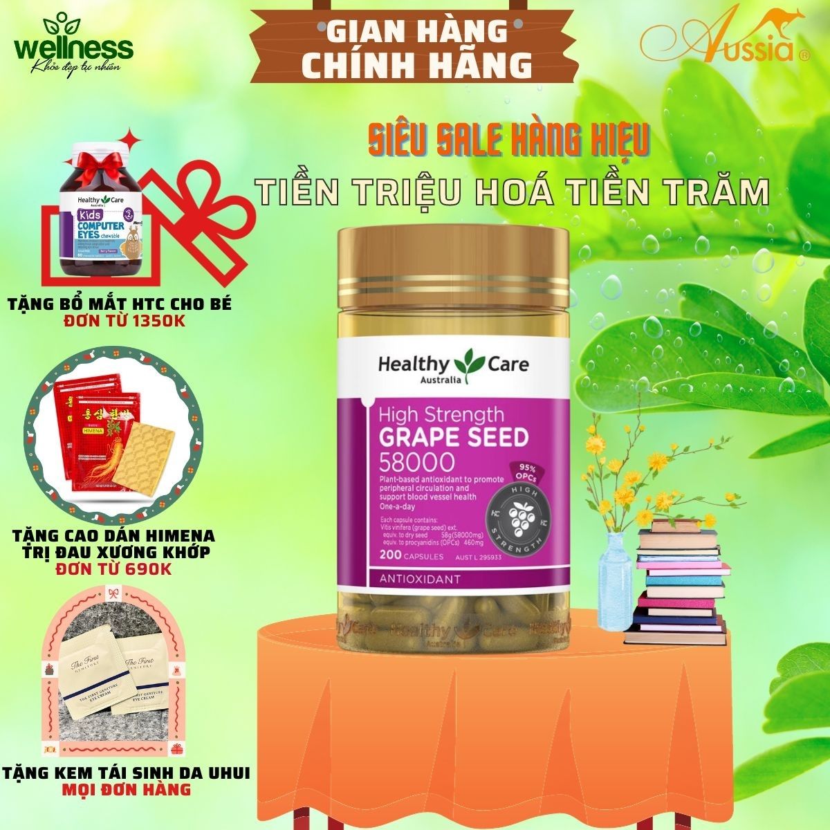 Tinh dầu Hạt Nho Healthy Care Grape Seed 58000mg - 200 viên Chống lão hóa, hỗ trợ tim mạch