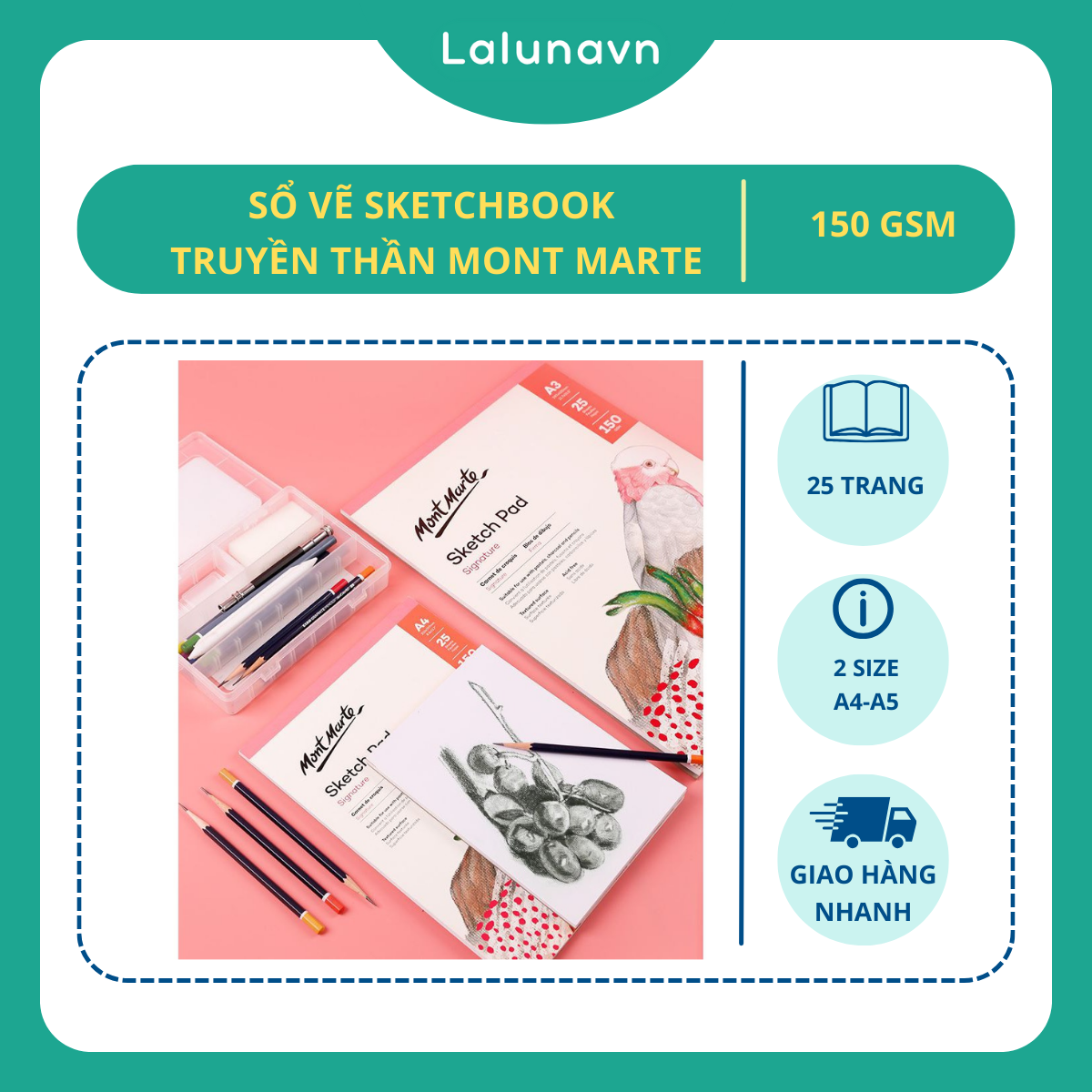 GIấy vẽ sổ vẽ Sketchbook truyền thần Mont Marte 150gsm, chân dung ngành kiến trúc mỹ thuật -Lalunavn- B12