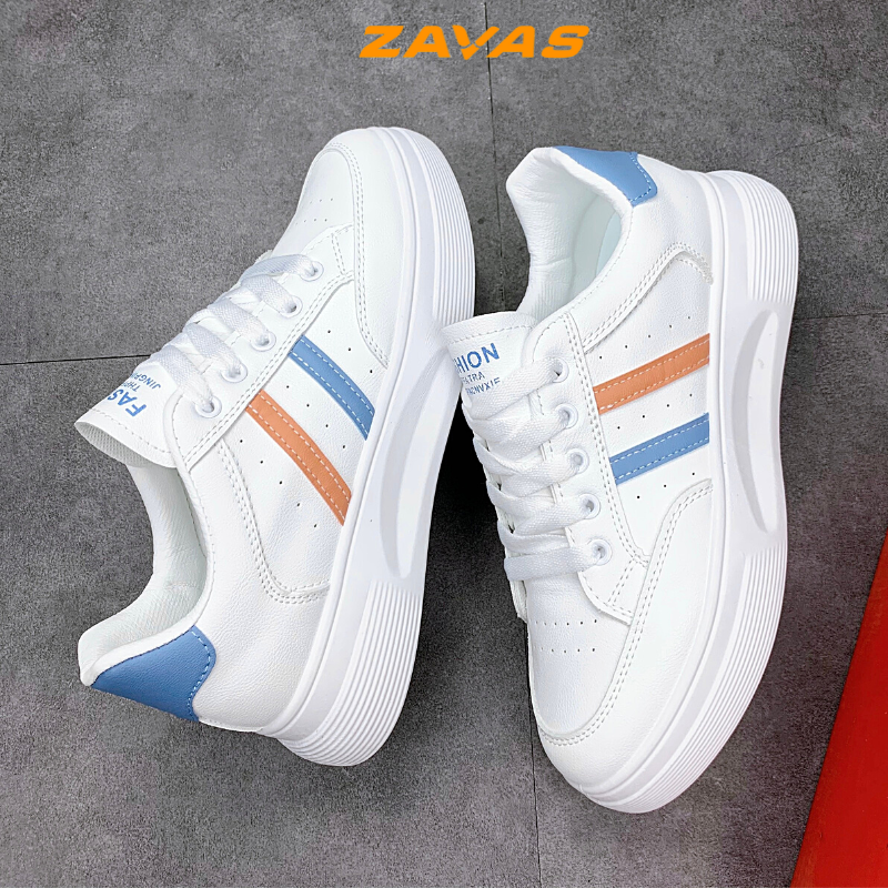 Giày thể thao nữ ZAVAS đế cao 4cm màu trắng bằng da không bong tróc mang êm chân phong cách ulzzang S411