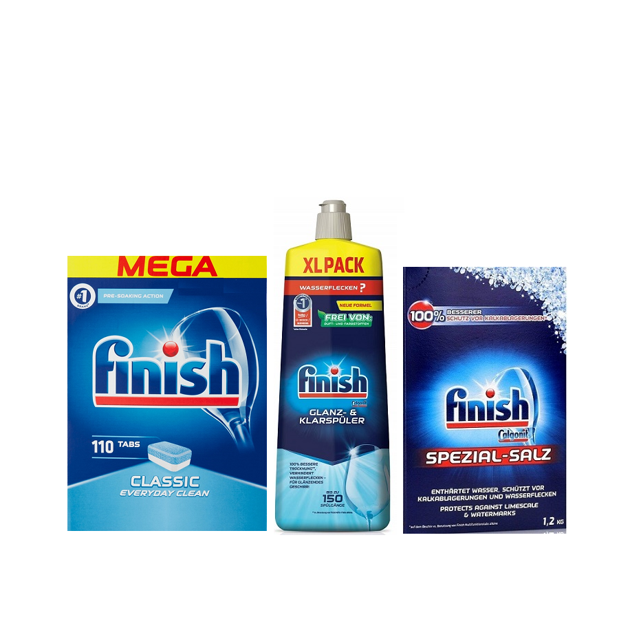 bộ sản phẩm 110 viên rửa bát chén finish + muối finish 1200g + bóng finish NK CHÂU ÂU