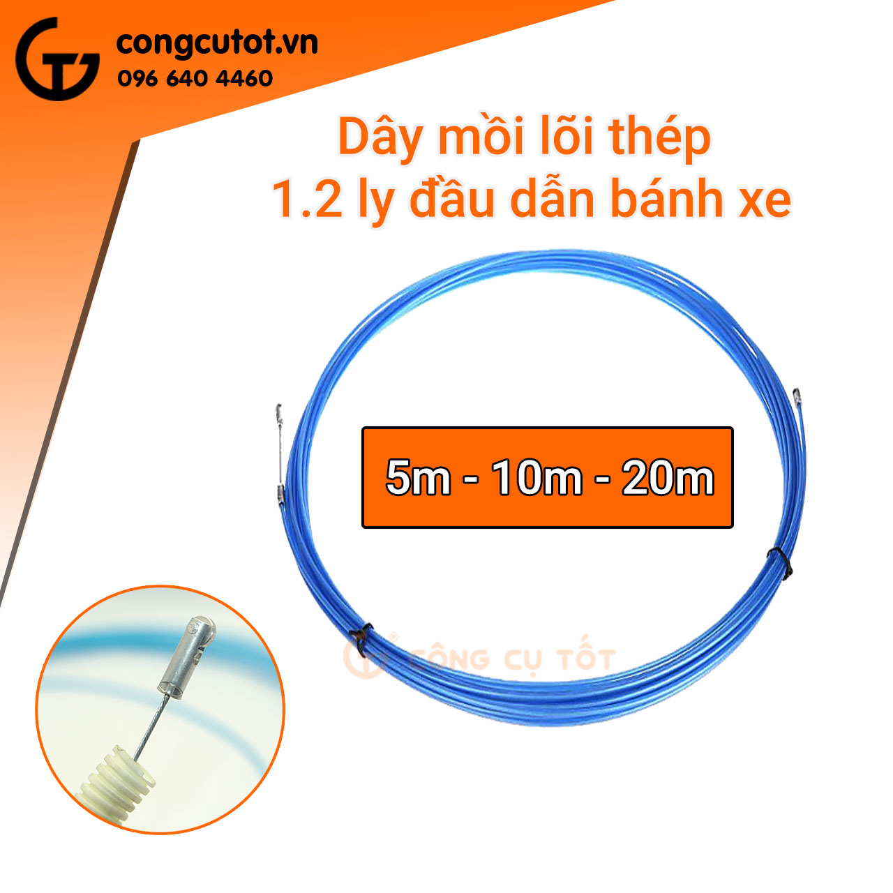 Dây mồi luồn ống ghen dây điện lõi thép 1.2 ly vỏ xanh đầu bánh xe size tùy chọn