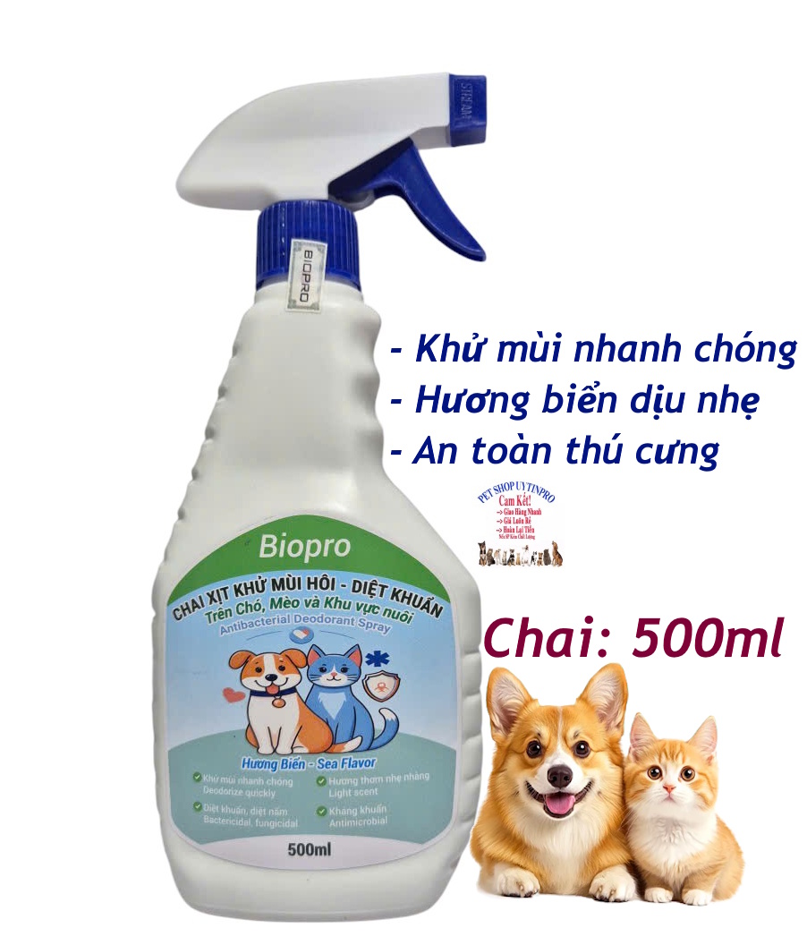 Chai xịt Biopro 500ml khử mùi diệt khuẩn trên Chó, Mèo và khu vực nuôi Hương biển dịu nhẹ Khử mùi diệt khuẩn nhanh chóng