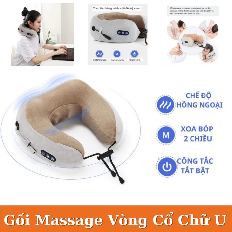 Gối massage cổ, gối matxa vai gáy chữ U đa năng, gối tựa đầu chữ u có matxa hồng ngoại